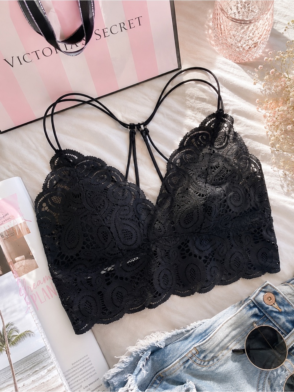Lace Strappy Back Bralette Pink VS  Adjustable Back| black Size Small